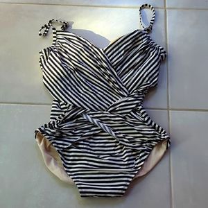 Black and white striped one piece swimsuit